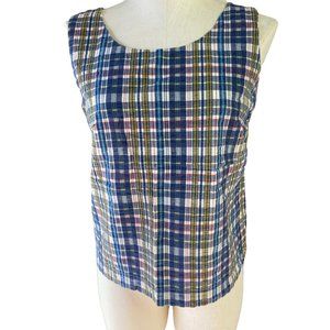Garland Vintage 1950s Blue & Yellow Plaid Sleeveless Shell Top size Large